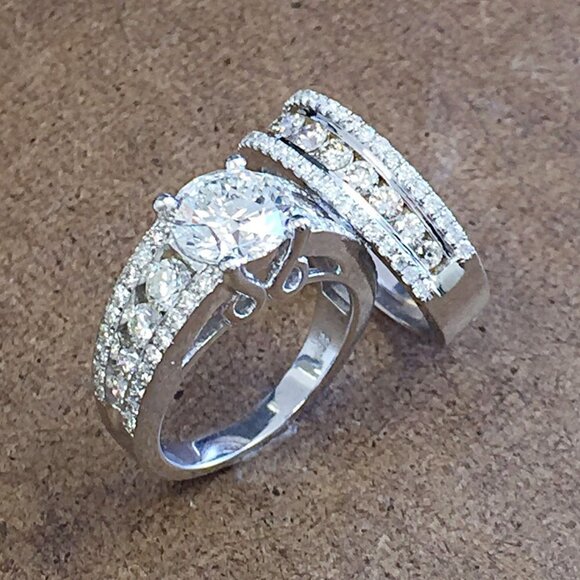 🌸Bague Eternity Full CZ Diamonds Silver Plated Couple Chunky Ring Set,UNVN12286 - Picture 1 of 10